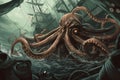 octopus kraken attacking defenseless ship, its tentacles wrapping around the deck