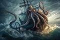 octopus kraken attacking fishing vessel, tentacles wrapping around the boat