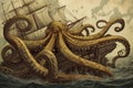 octopus kraken attacking ship, tentacles wrapping around the deck and hull