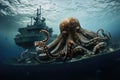 octopus kraken attacks submarine, its tentacles wrapping around the vessel