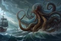 octopus kraken in battle against giant sea serpent