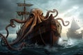 octopus kraken with its tentacles wrapped around sunken ship, wreaking havoc on crew