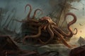 octopus kraken with its tentacles wrapped around sunken ship, wreaking havoc on crew