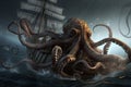 octopus kraken with its tentacles wrapped around sunken ship, wreaking havoc on crew