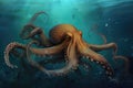 octopus kraken monster swimming through murky waters, tentacles fanning out