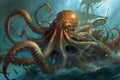 octopus kraken using tentacles to battle giant squid