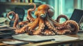 Octopus managing files on desk with thoughtful focus Royalty Free Stock Photo