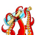 Octopus and message in bottle pop art vector Royalty Free Stock Photo