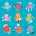 Octopus mollusk ocean coral reef animal character different pose like human and cartoon funny graphic marine life