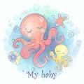 Octopus mom with a toddler. Baby shower. Watercolor. Vector