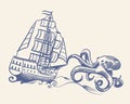 Octopus monster. Sketch sailboat vintage medieval pirate ship run away from kraken and waves nautical travel vector