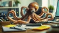 Octopus multitasking at cluttered office desk station Royalty Free Stock Photo