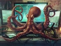 An octopus multitasking with multiple devices trading Bitcoins efficiency in crypto business Royalty Free Stock Photo