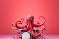 An octopus musician playing the drums in a band. Generative ai