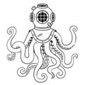 Octopus and old diver helmet coloring vector