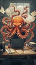 Octopus with papers floating around in a busy office Royalty Free Stock Photo