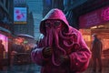 octopus pink gangster in neon bar illustration generative ai