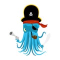 Octopus pirate. devilfish in pirate hat. Saber and gun. Vector i