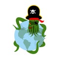 Octopus pirate and earth. poulpe buccaneer and planet. Eye patch