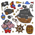 OCTOPUS PIRATE And Black Sailboat Clipart Illustration Set Royalty Free Stock Photo