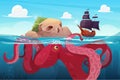 Octopus and pirate ship sailing to tropical island, ocean or sea landscape with kraken