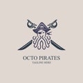 Octopus pirates captain sword logo vintage style design template vector for brand or company and other Royalty Free Stock Photo