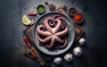 Octopus on a plate and ingredients for cooking on a slate background. Fresh squid octopus cuttlefish dinner restaurant