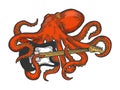 Octopus play electric guitar color sketch vector