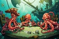 octopus playing poker cartoon illustration Generative AI