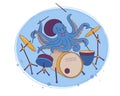 The octopus plays music on a drum kit. Cute character. Vector illustration