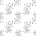 Octopus poulpe seashell seamless pattern. Marine life ocean floor hand drawn ink doodle sketch outline. Background for paper for