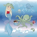 OCTOPUS REGALE MERMAID New Year Color Vector Illustration Set