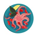 Octopus Rested on Plate with Lemon and Leaf Garnish Top View Vector Illustration