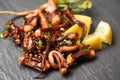 Octopus salad with lemon herbs and spices on dark background top view - Tentacles squid grilled appetizer food hot and spicy