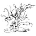 Octopus with Seabed and Seaweed. Hand drawn vector undersea engraved illustration on isolated background. Underwater