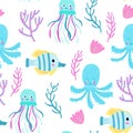 Octopus seamless pattern. Narwhal and turtle, cartoon cat with fish tail. Cute sea creature, fabric print with beautiful Royalty Free Stock Photo