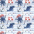 Octopus, shark pirate seamless pattern. Pirates illustrations on the striped background Royalty Free Stock Photo