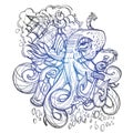 Octopus, a ship and a frigate anchored outline sketch of a tattoo. Monochrome illustration for design t-shirts and other