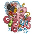 Octopus, a ship and a frigate anchored sketch of a tattoo. Illustration for design t-shirts and other items. Sea monster sticker Royalty Free Stock Photo