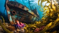Vibrant Octopus on Sunlit Shipwreck in Kelp Forest Royalty Free Stock Photo