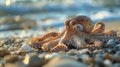 An octopus sits on a rocky beach next to the ocean, ready for its next move Royalty Free Stock Photo