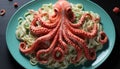 An octopus is sitting on top of a plate of pasta, AI