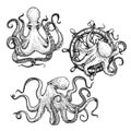 Octopus sketch hand drawn vector illustrations set. Octopus on the helm. Engraving line art collection.