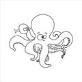 Octopus. Smiling Octopus With Suckers on Tentacles. Holds a Tentacle Unhappy Fish. For Children`s Coloring Books.