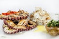 Octopus and squid grilled with vegetables. Royalty Free Stock Photo