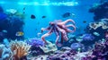 A octopus squid with tentacles swimming in a deep beautiful blue ocean reef Royalty Free Stock Photo