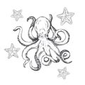 Octopus and starfish. Vector illustration of sketch octopus hand drawn, vintage. Kraken Tattoo or print for t-shirt.