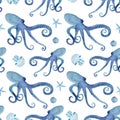 Octopus starfish jellyfish watercolor seamless pattern isolated on white. High quality hand-drawn blue monochromatic Royalty Free Stock Photo