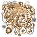 Octopus Steampunk Clocks and Gears Gothic Surreal Retro Style Machine Vector Illustration