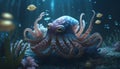 Octopus swimming in the deep sea. 3d render illustration.